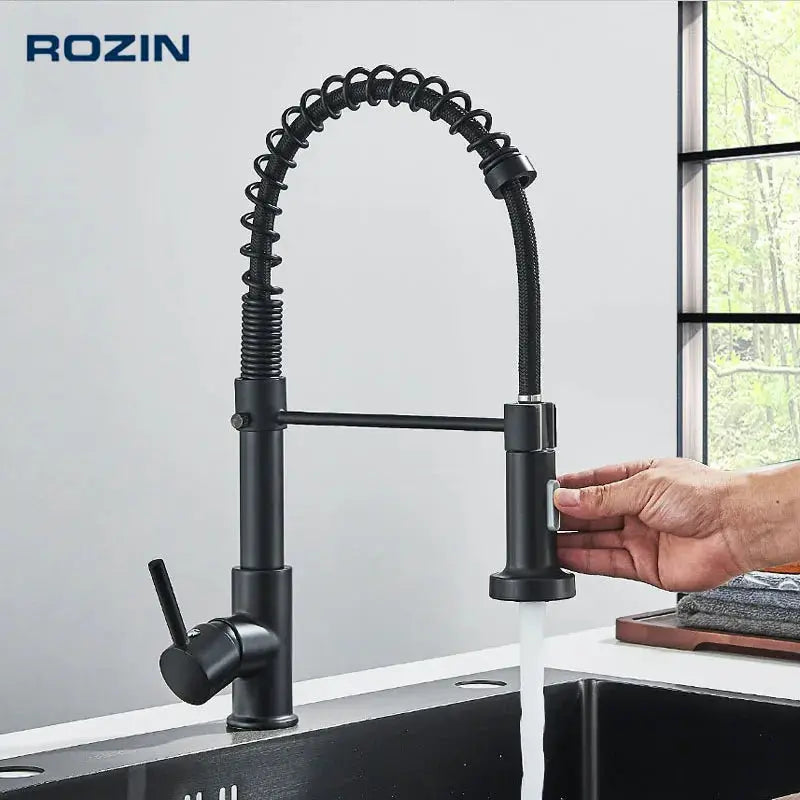 Rozin matte black kitchen faucet with deck-mount base and 360° rotating pull-down spray nozzle