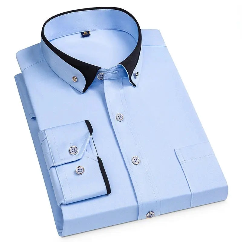 Simples Market men's light blue dress shirt with black collar trim, pocket, button-down long sleeve.