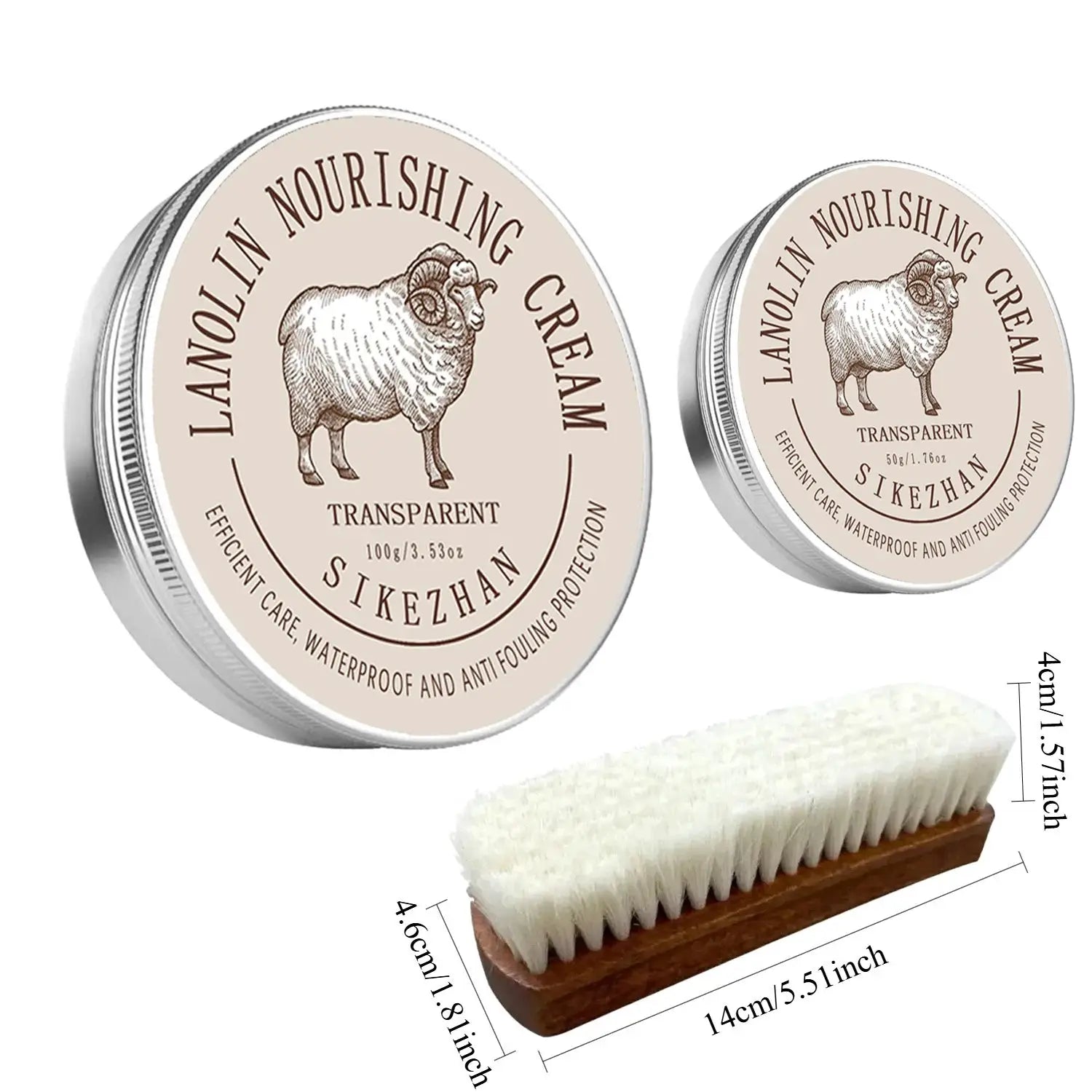 Simples Market leather conditioner and wax kit with lanolin; two beige tins and a soft wool brush