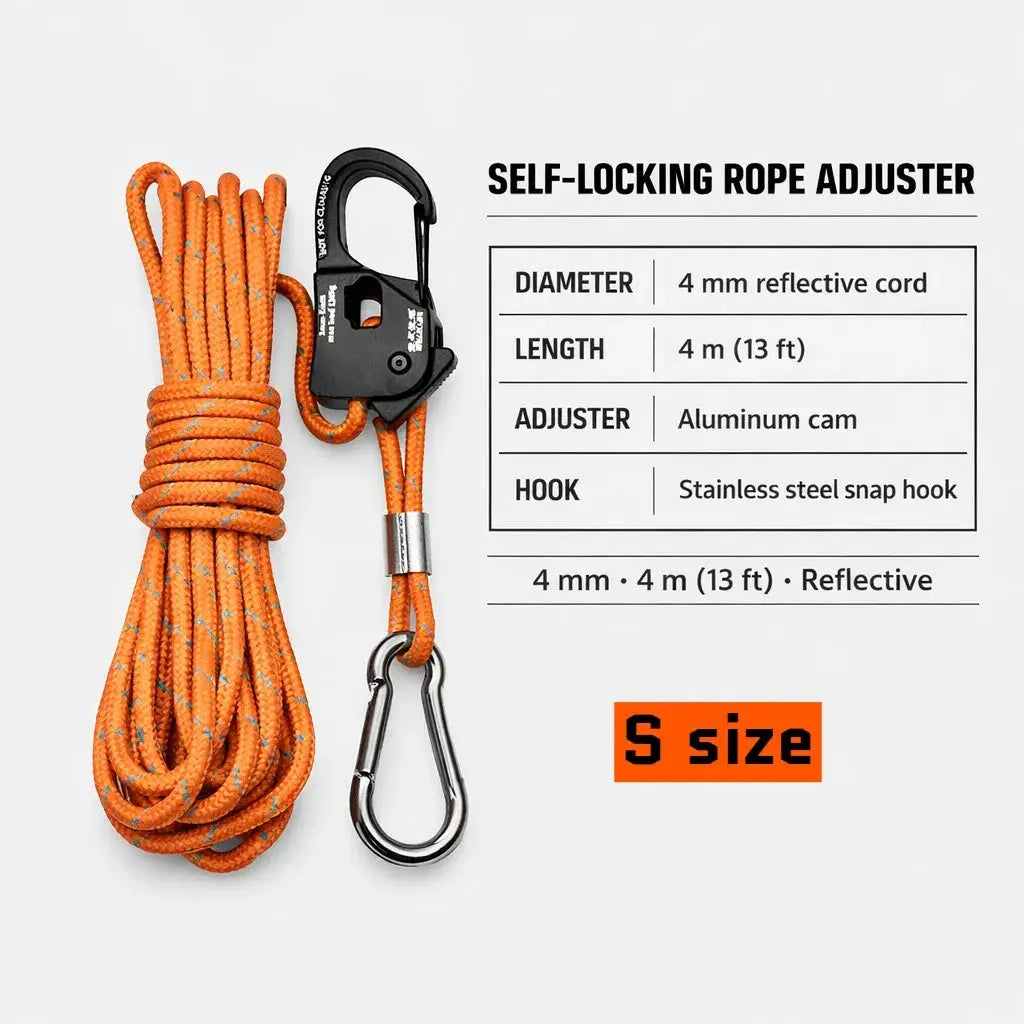 Self-locking rope adjuster with 4 mm reflective orange cord and stainless steel carabiner by Simples Market