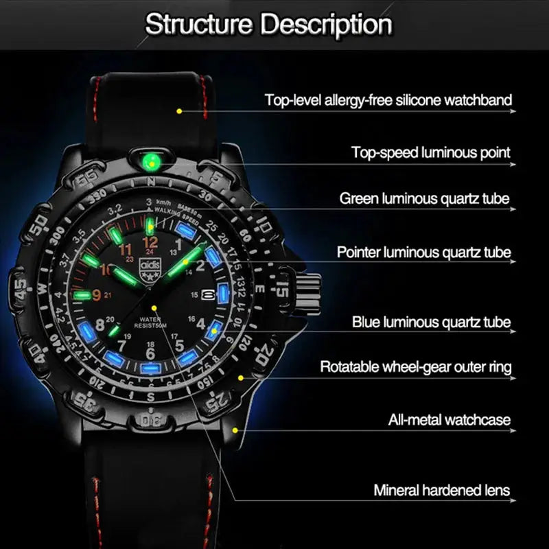 Addies military watch by Simples Market; black case and strap, luminous green and blue markers, quartz movement, waterproof
