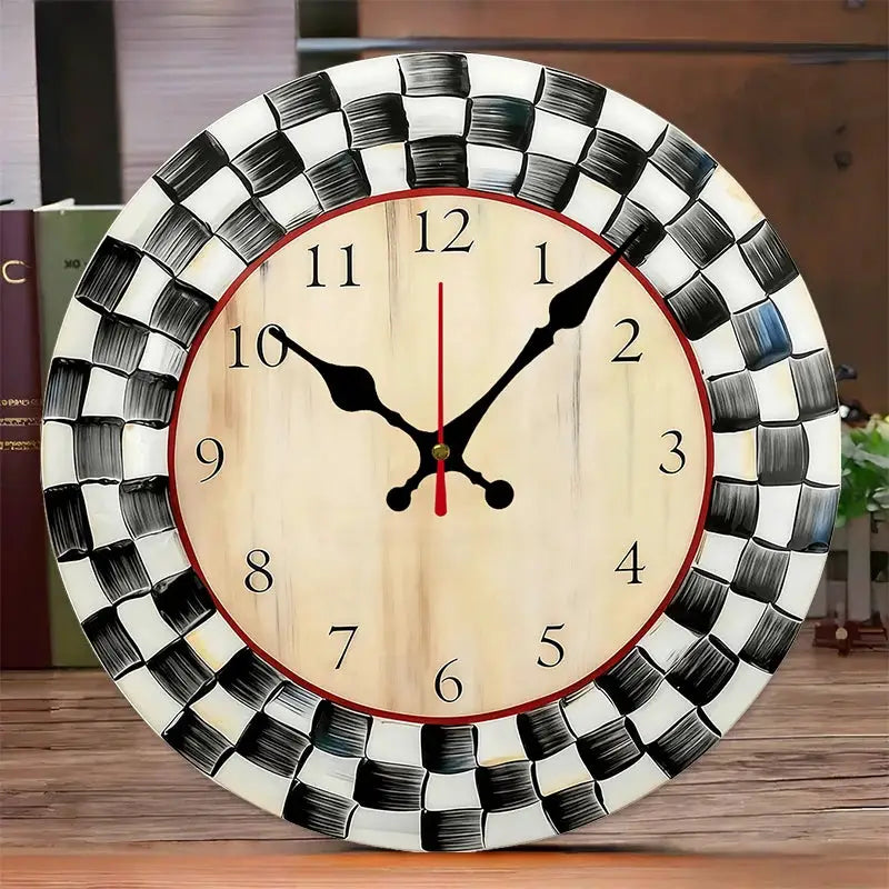 Wooden round wall clock with a black-and-white checkerboard border; silent movement