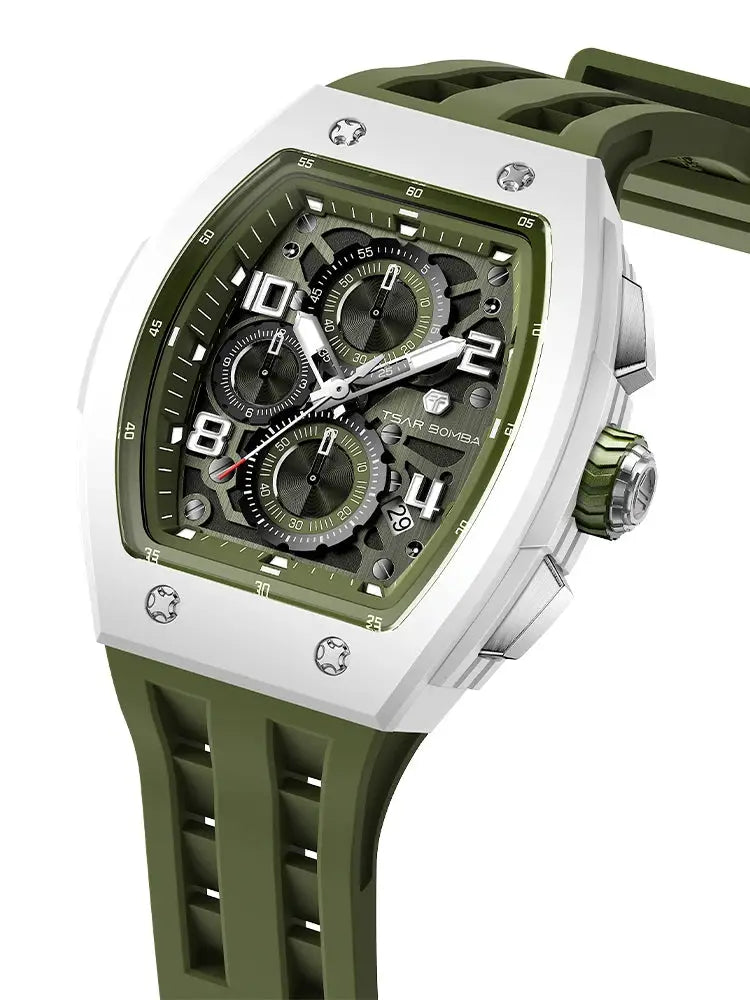 TSAR BOMBA men's watch with green silicone strap and stainless steel tonneau case.