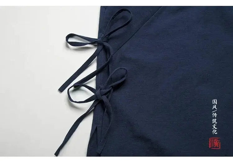 Men's Hanfu vest in navy linen-cotton with side tie closures