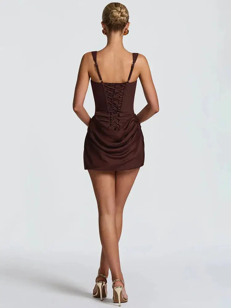Mozision Backless Ruched Mini Dress With Tapered Straps Square Collar
