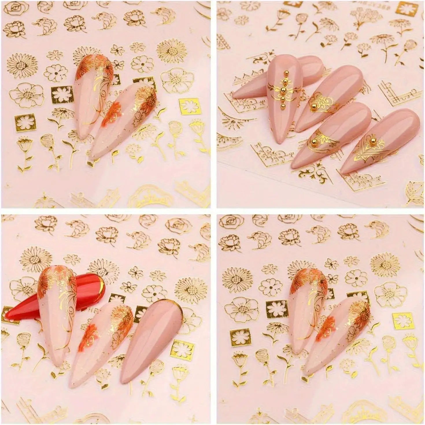 30 Sheets Golden Floral Nail Art Stickers with 3D self-adhesive gold foil leaf and flower designs for DIY manicure