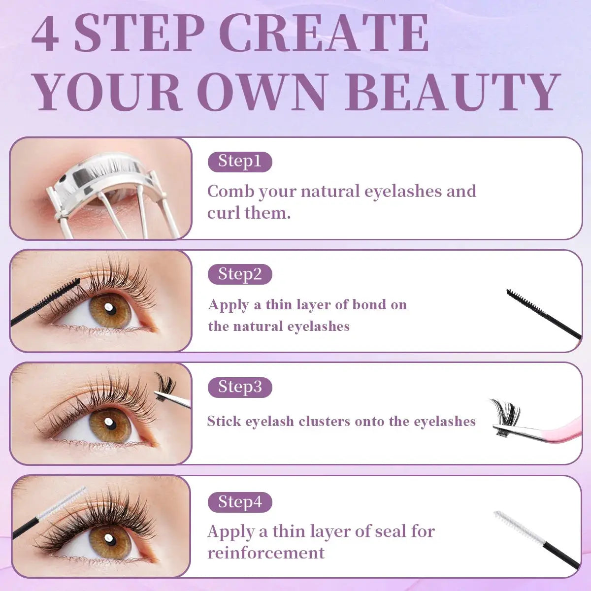 Simples Market eyelash glue and seal for eyelash clusters; four-step application guide with close-up images
