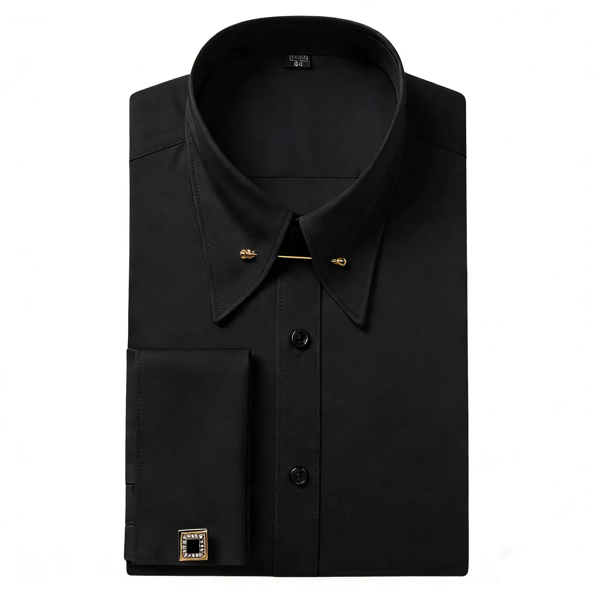 Simples Market black dress shirt with French cuffs, gold-tone collar pins and square cufflinks