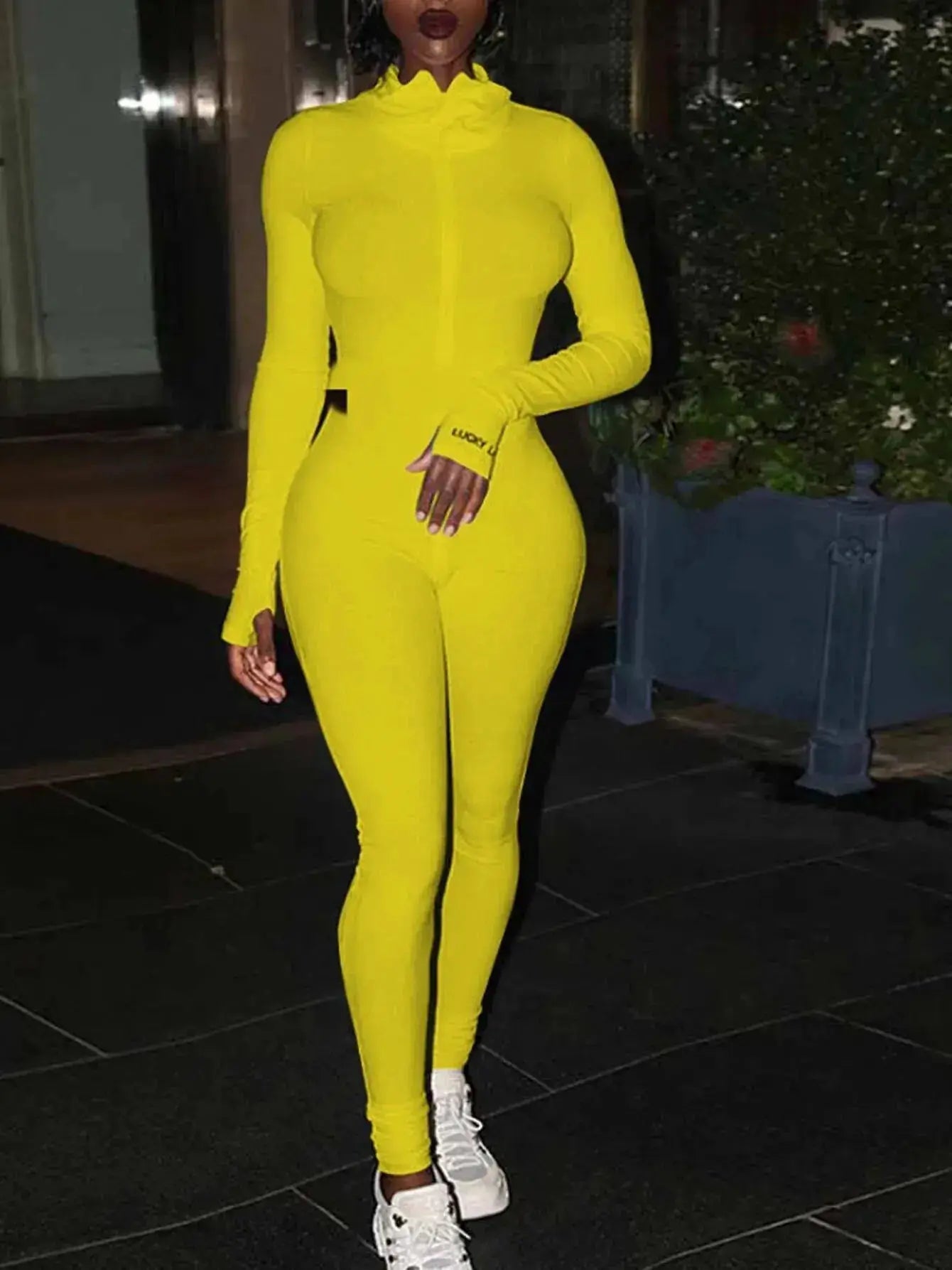 Jumpsuit neon yellow knitted bodycon with long sleeves for women