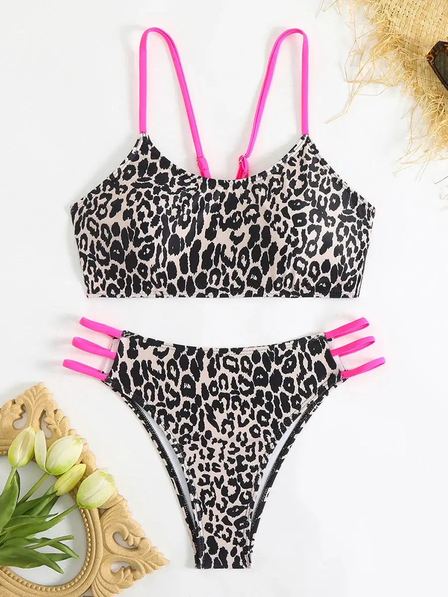 Simples Market leopard print bikini set with neon pink straps, padded top, high-cut bottoms