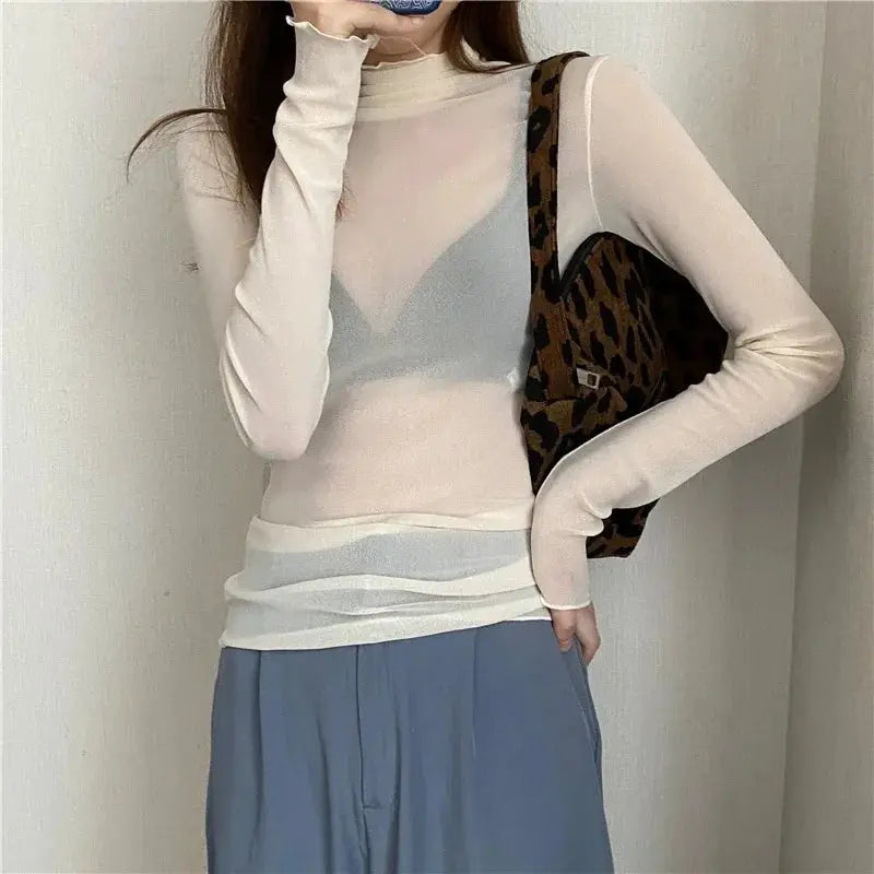 AllureMesh See Through Mesh Turtleneck Top Slim Fit Sheer Lace Crop For Bold Clubwear