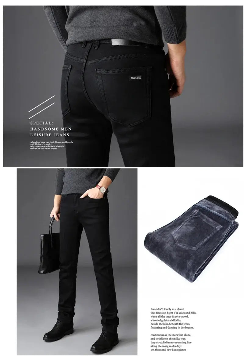 Men's fleece-lined jeans by Simples Market, black denim with stretch for warmth