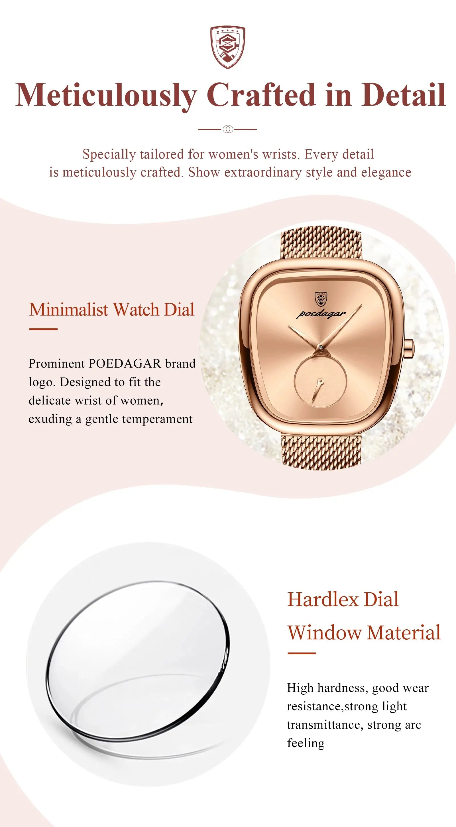 POEDAGAR women's waterproof wristwatch with rose-gold stainless steel mesh and minimalist square dial