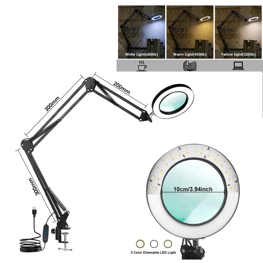 72 LED Illuminated Magnifier 8X 10X Magnification USB Desk Lamp With 3 LEDs For Soldering Repair Crafting And Beauty