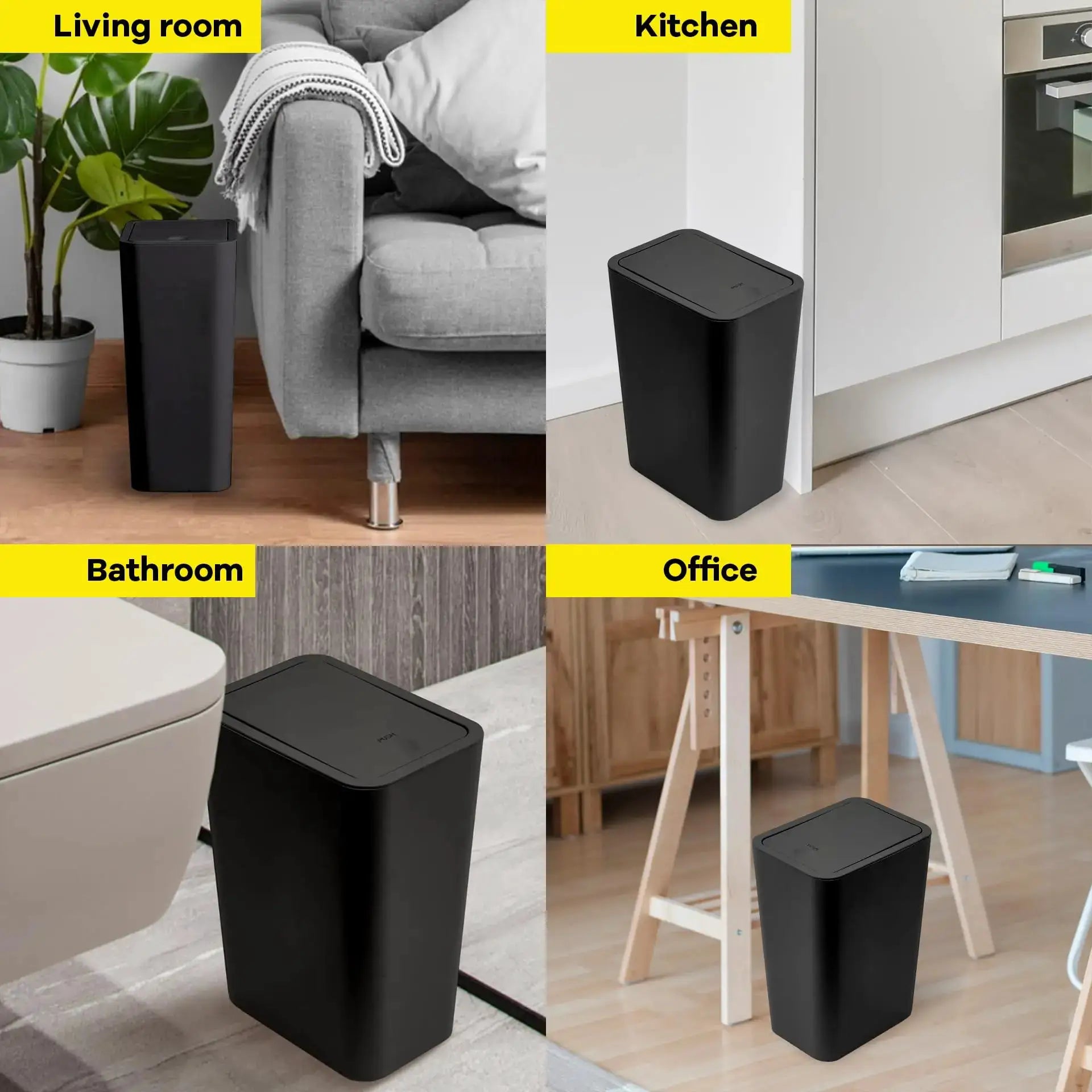 Simples Market 10L black press-top bathroom trash can; compact plastic wastebasket with pop-up lid, set of 4.