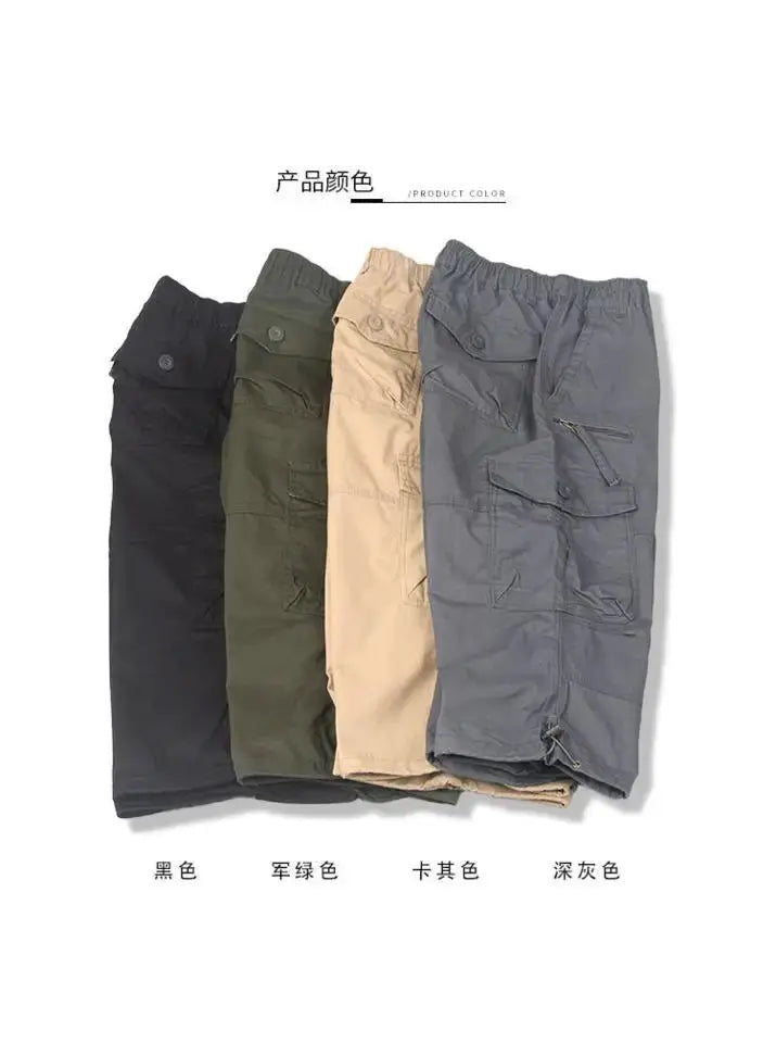 Men's cargo shorts by Simples Market, elastic waist with multiple pockets, four colors: black, army green, khaki, gray.