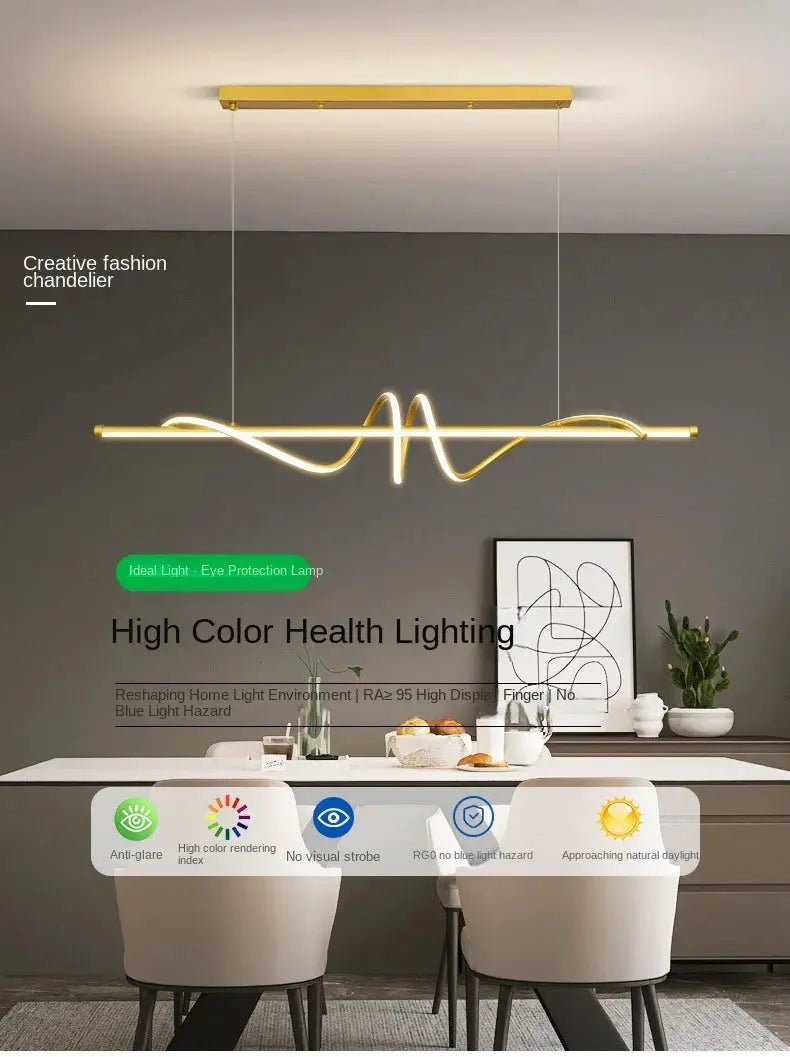 Simples Market modern LED pendant light in gold finish with a wave-shaped illuminated tube for dining room