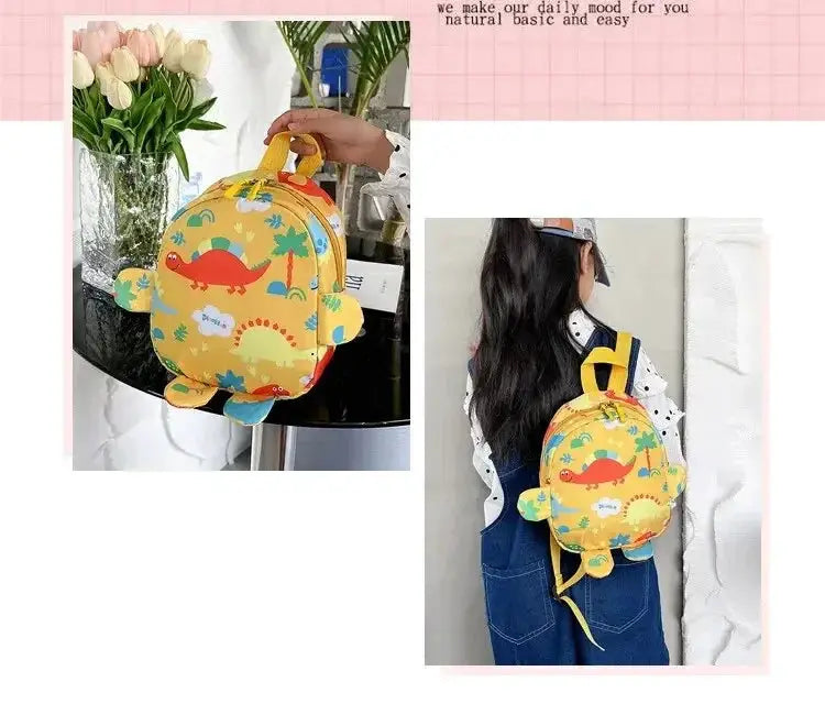 Yellow dinosaur-themed kids backpack with adjustable straps and cute prints for boys and girls