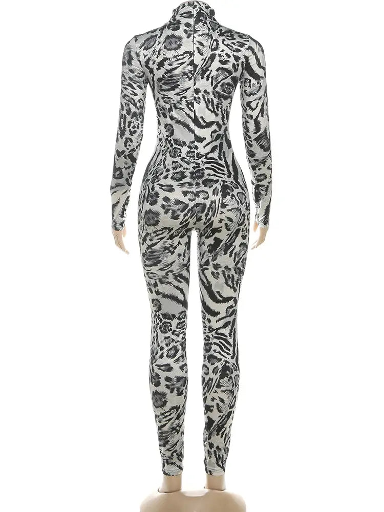Kliou leopard print jumpsuit for women, long sleeves, turtleneck, gray-black pattern, skinny fit
