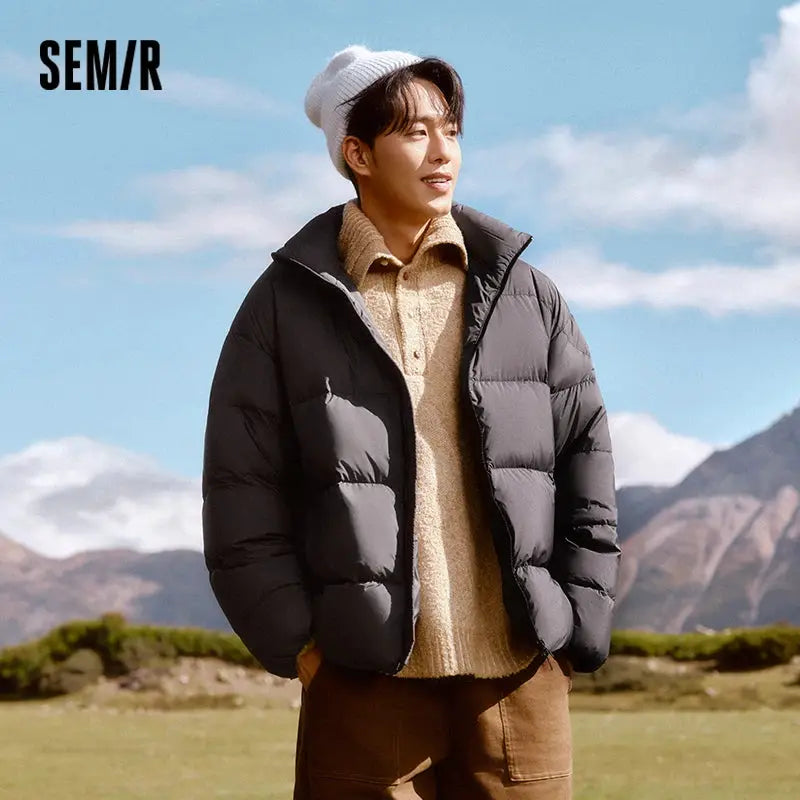 Semir black men’s down puffer jacket with stand collar; SEM/R logo visible