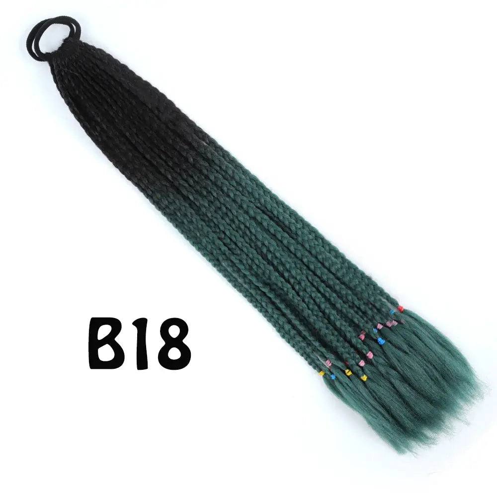Simples Market synthetic gradient braided ponytail extension, 24 inches, black-to-green with elastic and bead accents