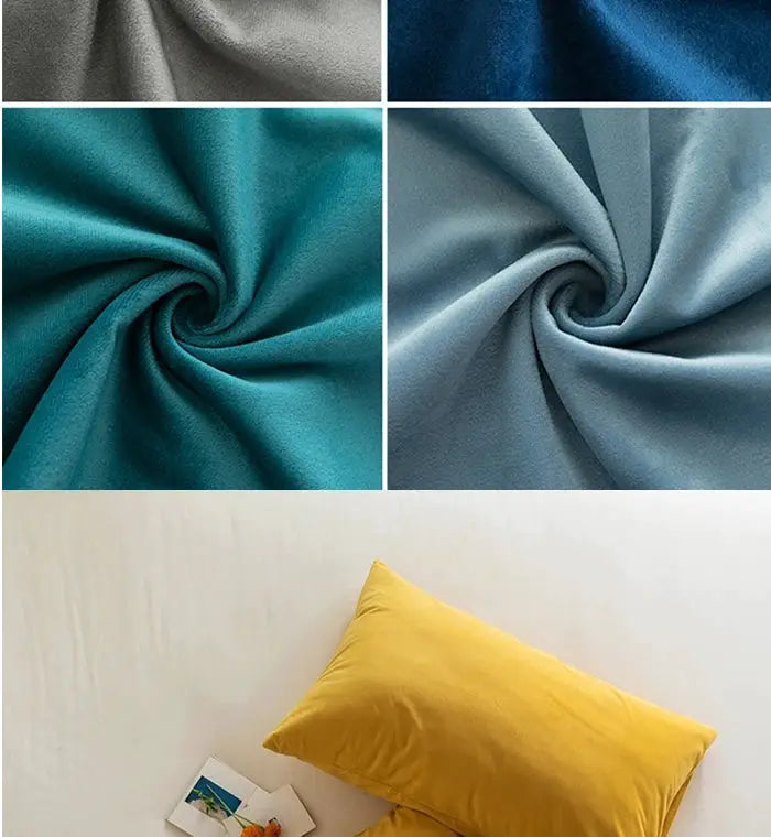 Soft velvet cushion covers; collage shows four fabrics in gray, navy, teal and light blue with yellow sofa cushions.