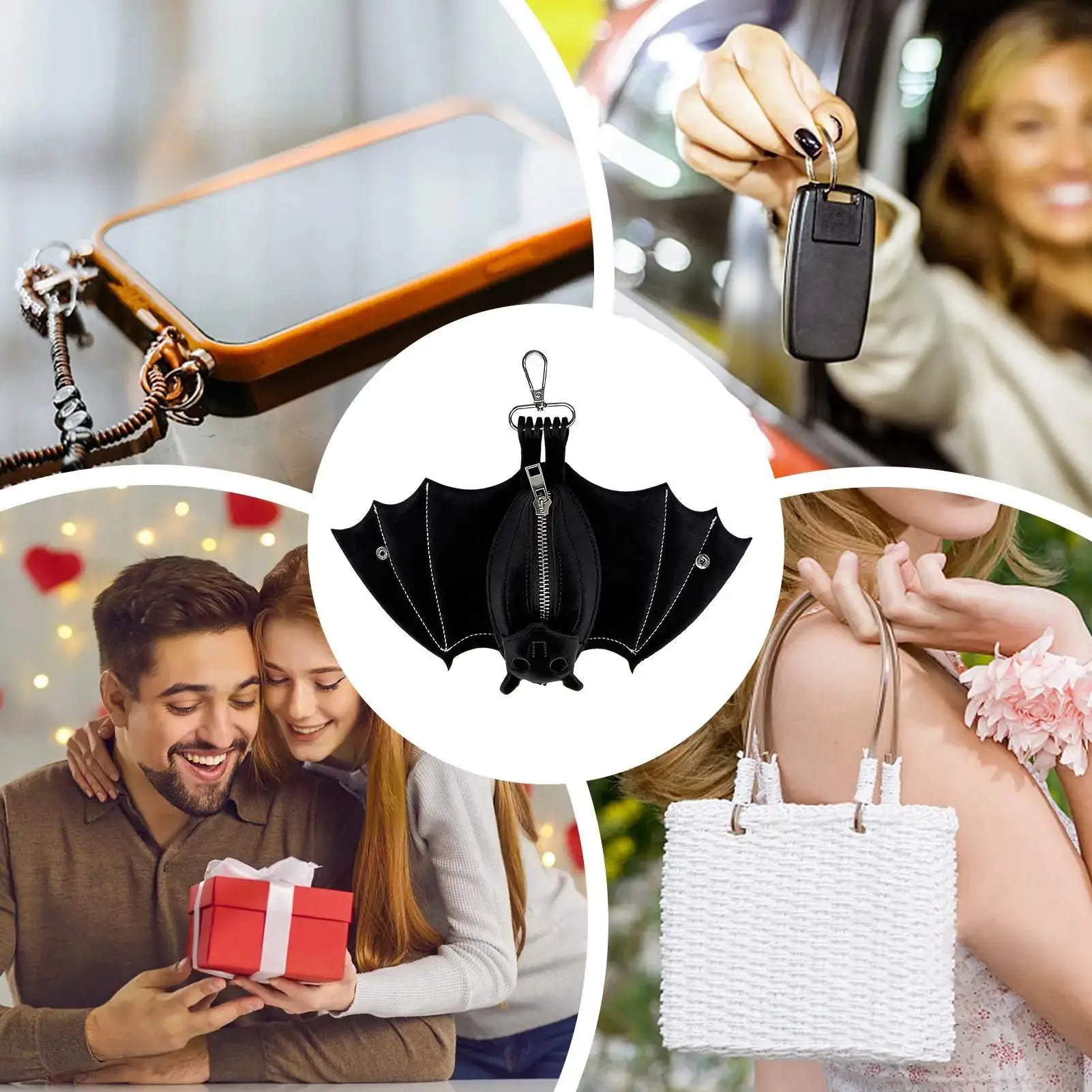 Simples Market black PU leather bat coin purse with foldable wings and keychain clip