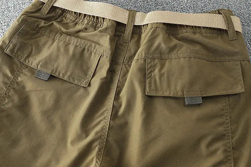 Olive tooling cargo pants with large back pockets and belt, multi-pocket design