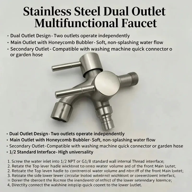 Stainless steel dual-outlet faucet with two independent spouts for laundry sink and washing machine connection.