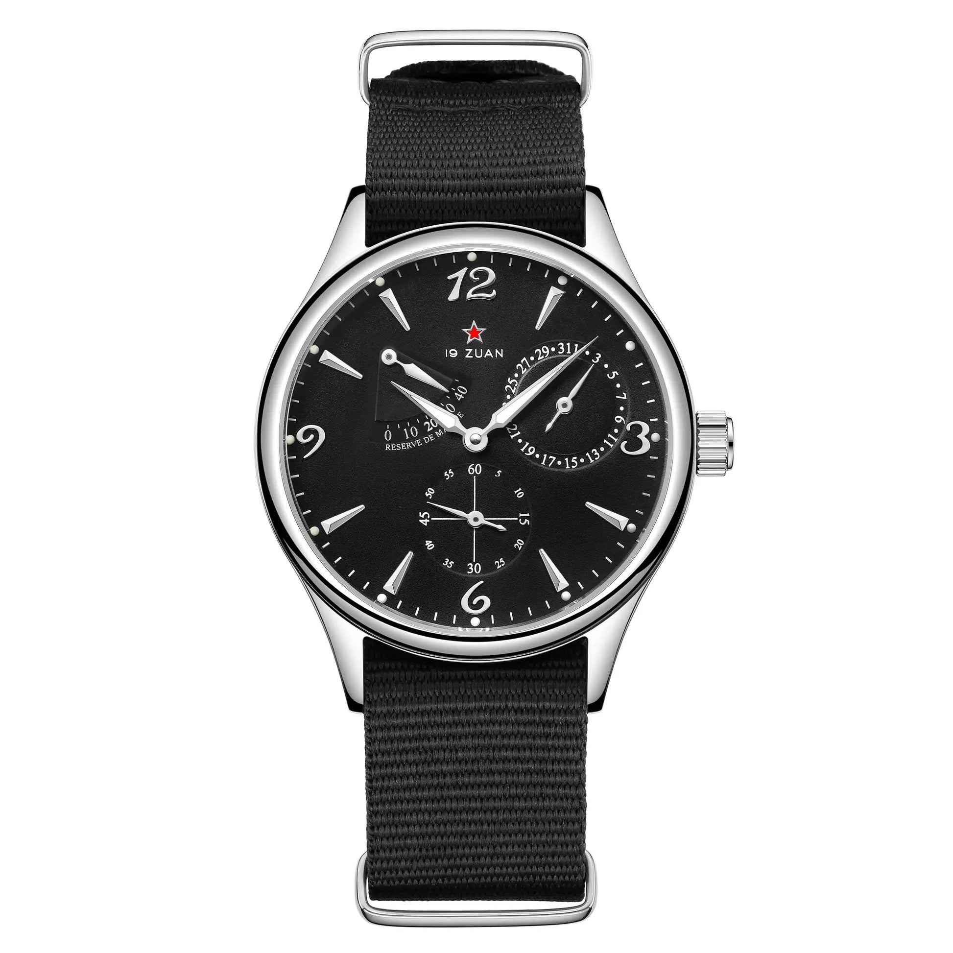 Mens 40mm pilot watch with black dial, black fabric strap and silver case; ZUAN logo on dial