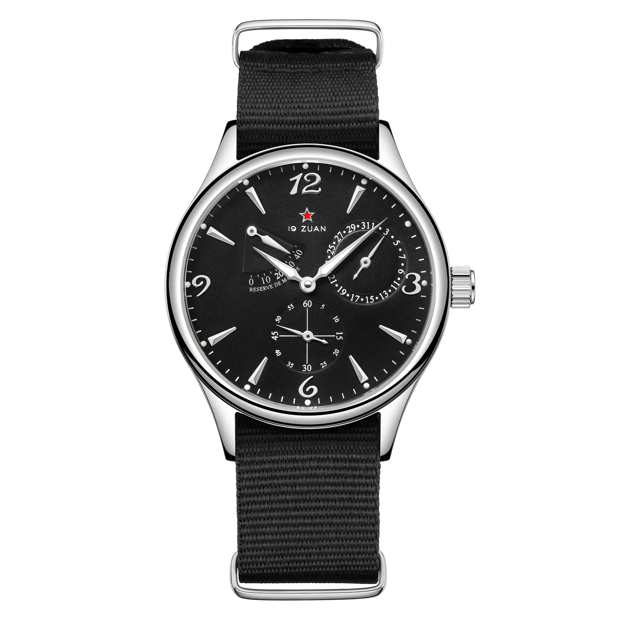 Mens 40mm pilot watch with black dial, black fabric strap and silver case; ZUAN logo on dial