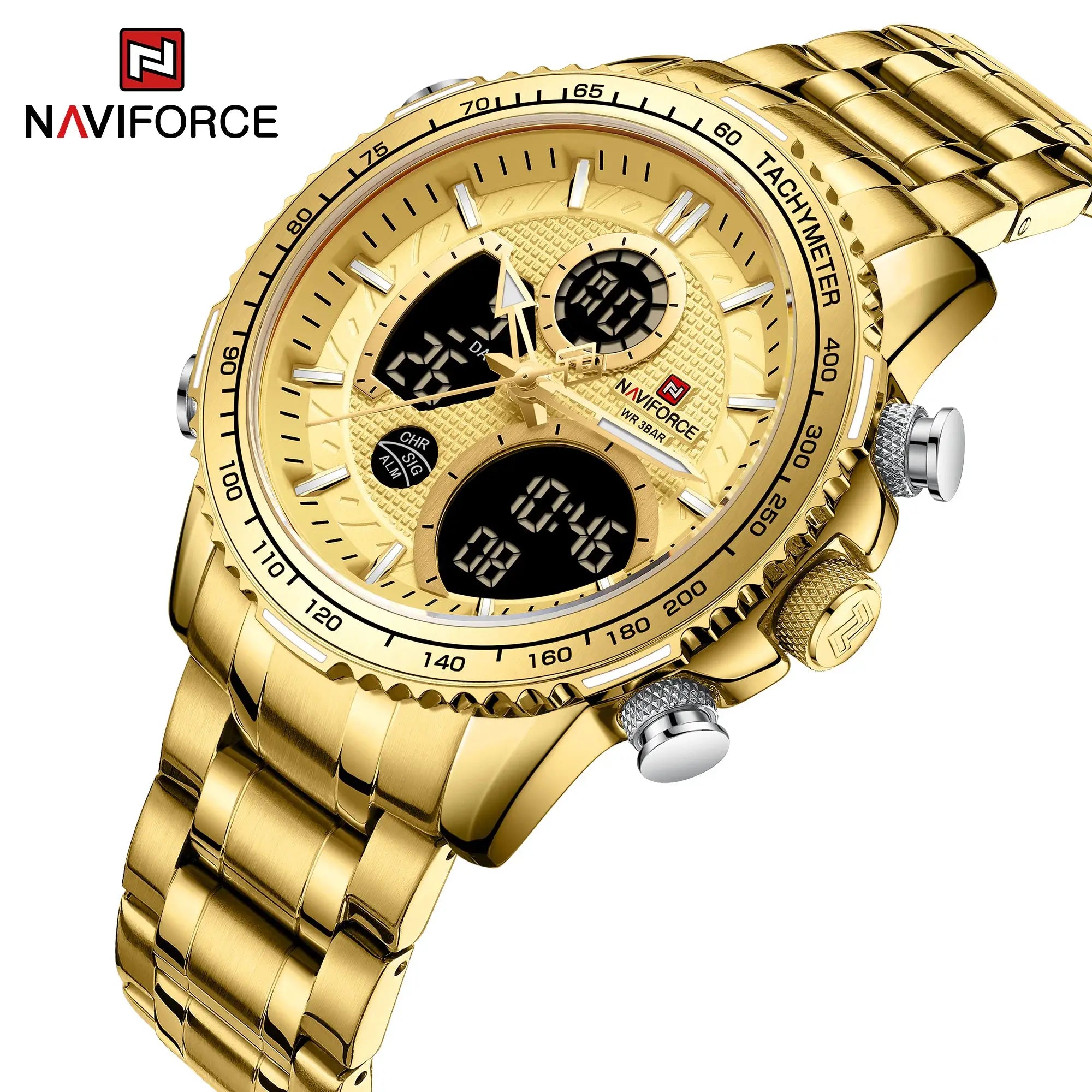 NAVIFORCE gold men's chronograph wristwatch with steel band by Simples Market