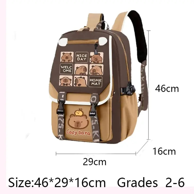 Simples Market Kawaii Capybara backpack, khaki brown kids daypack with capybara motif and buckles, 46x29x16 cm