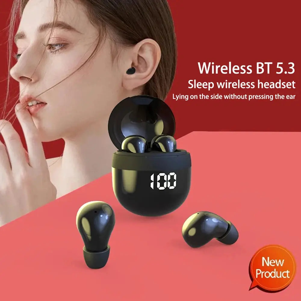 Simples Market SK18 mini invisible wireless earbuds with charging case, black, two earbuds shown