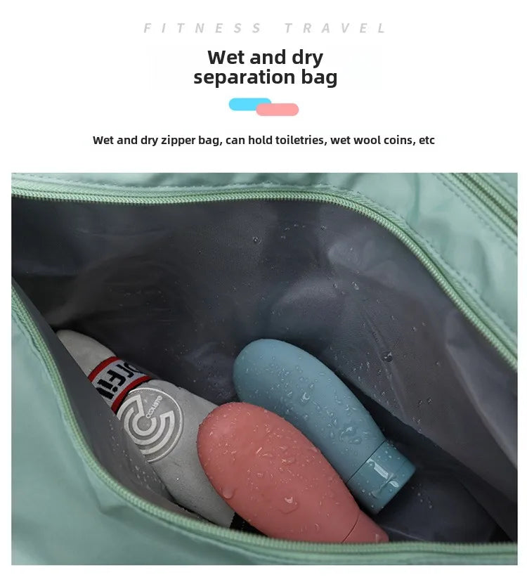 Fitness bag with dry-wet separation, green large-capacity waterproof travel bag for gym gear, pink and blue bottles inside