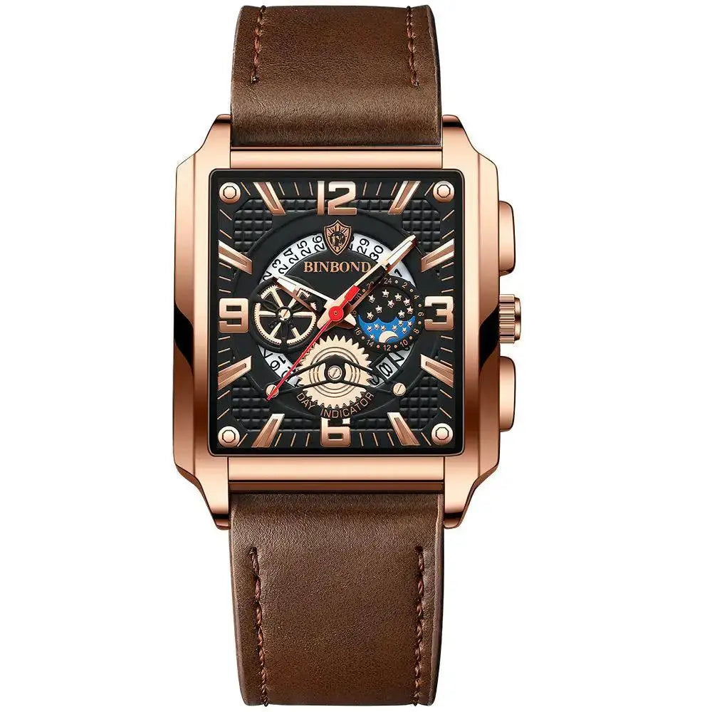 BINBOND men's watch with rose-gold square case, brown leather strap, black textured dial with gold-tone indices.