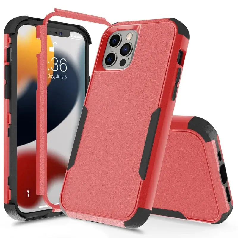3 Layer iPhone case red with black bumper corners, shockproof protective hard shell