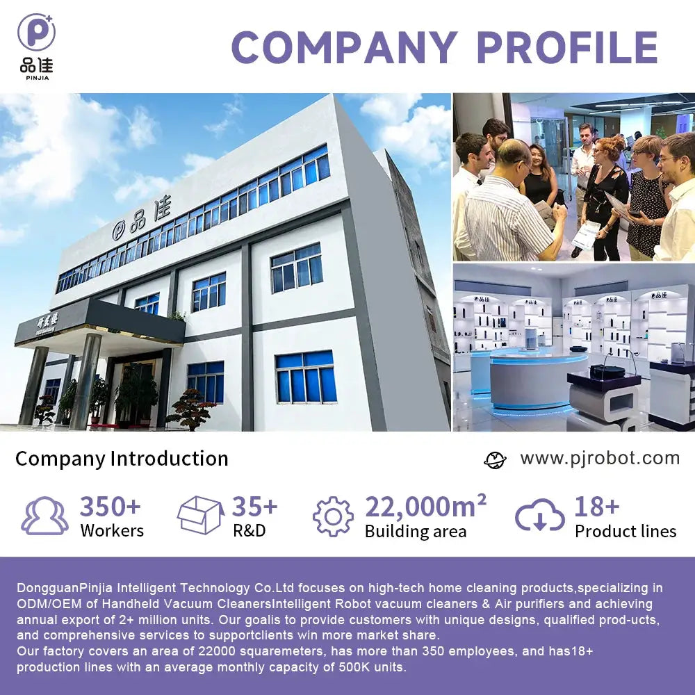 Chuboor air purifier product page by Simples Market; company profile collage featuring factory, team, and showroom.