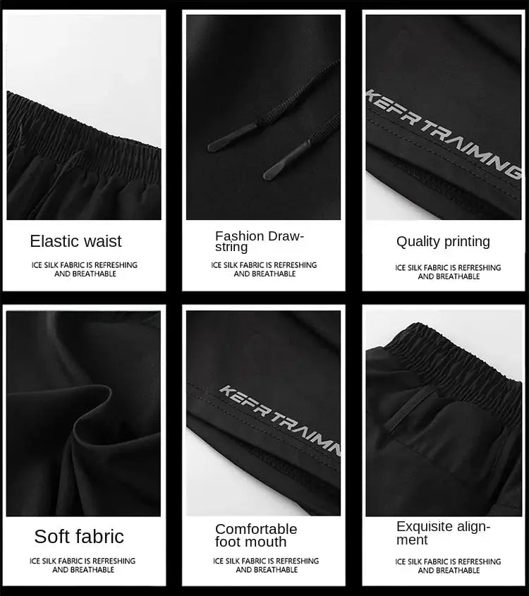 Two-piece black quick-dry athletic shorts for men and women with elastic waist and drawstring; soft breathable fabric.