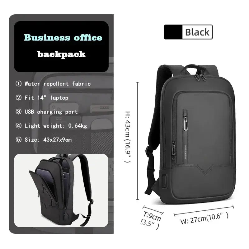 HK Slim backpack by Simples Market, black waterproof bag for 15.6-inch laptops with USB charging
