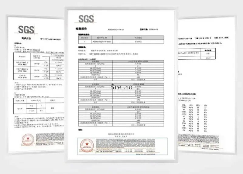 SRETNO natural latex cushion certificates framed on display with SGS logos