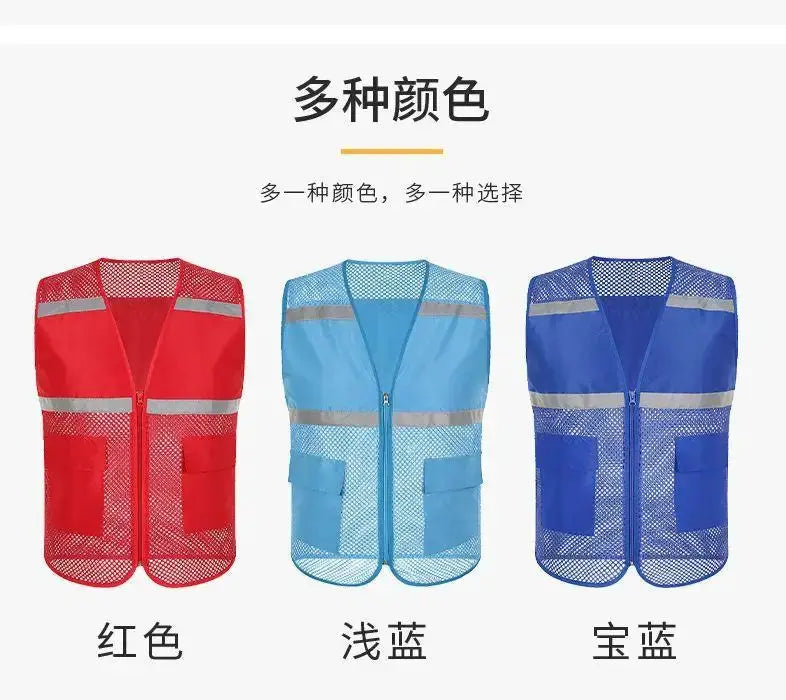 Volunteer fishing net vests in red, light blue, and royal blue with mesh panels and pockets (3-pack)