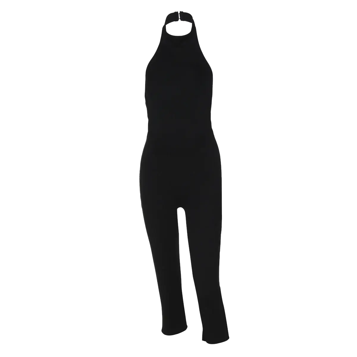 Black ribbed halter-backless bodycon jumpsuit for women.