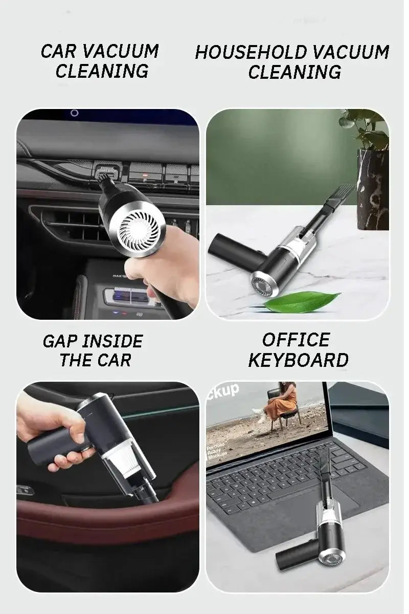 Portable wireless car vacuum cleaner, black and silver handheld, dual-use for home and car.