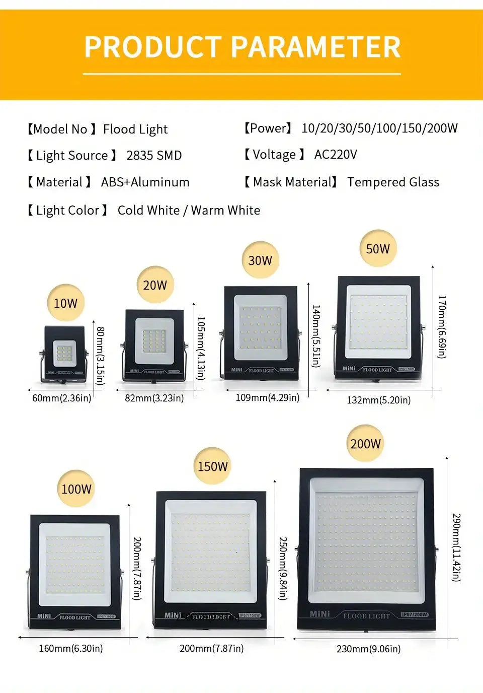 Simples Market LED flood lights set of eight, waterproof IP67, black aluminum housing, 10–200W outdoor projectors.