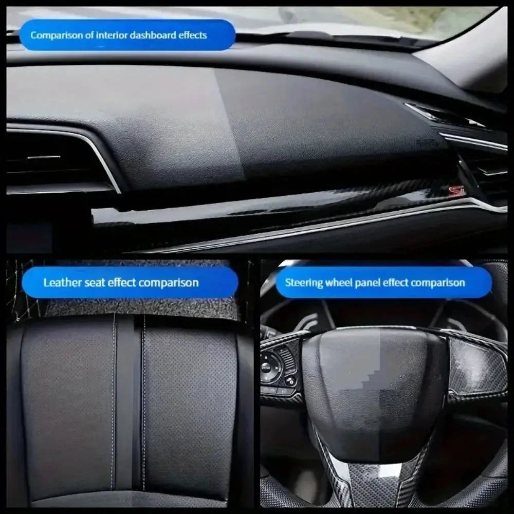 Simples Market leather care oil for car interior; black leather seats, dashboard and steering wheel.