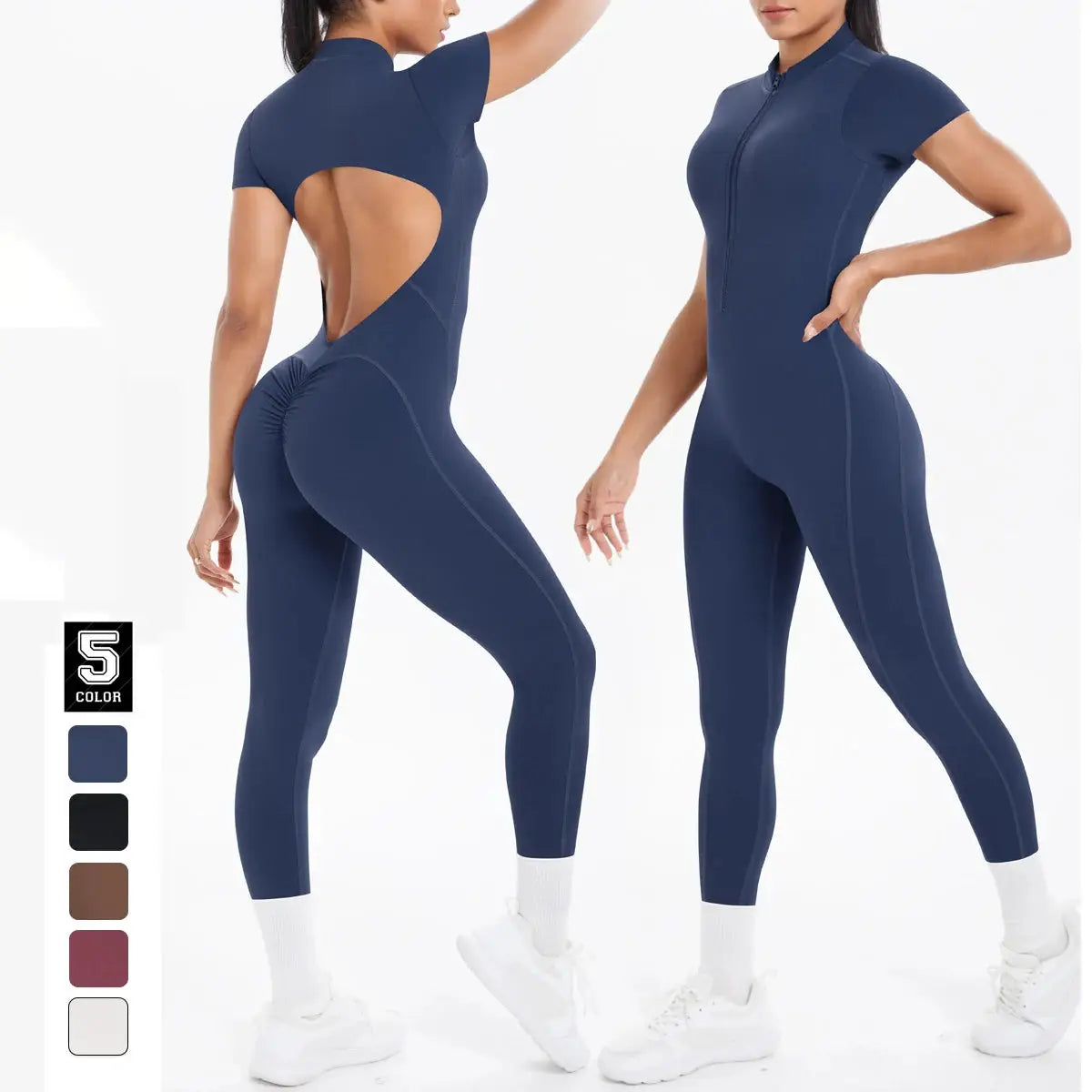 Simples Market backless scrunch jumpsuit for women in navy; open-back athletic bodysuit with 5 color options