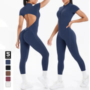 Simples Market backless scrunch jumpsuit for women in navy; open-back athletic bodysuit with 5 color options