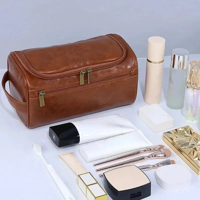 BrandX Leather Toiletry Bag Dopp Kit For Men And Women Hanging Travel Organizer Water Resistant PU Leather