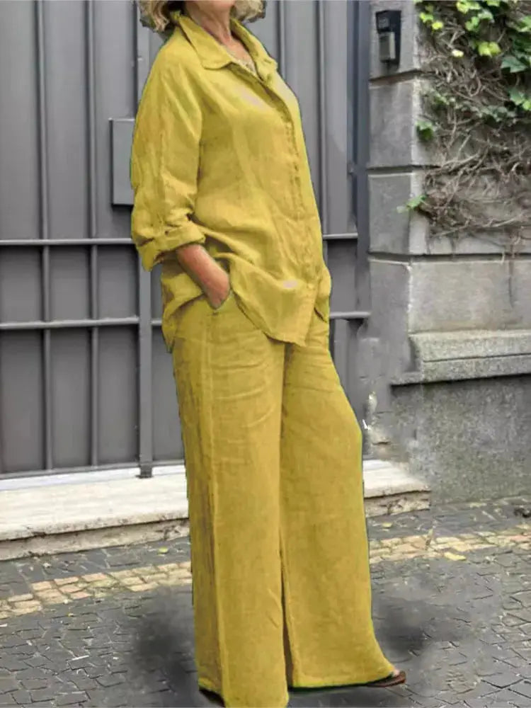 Cotton Linen Shirt Two Piece Set For Women With Wide Leg Trousers